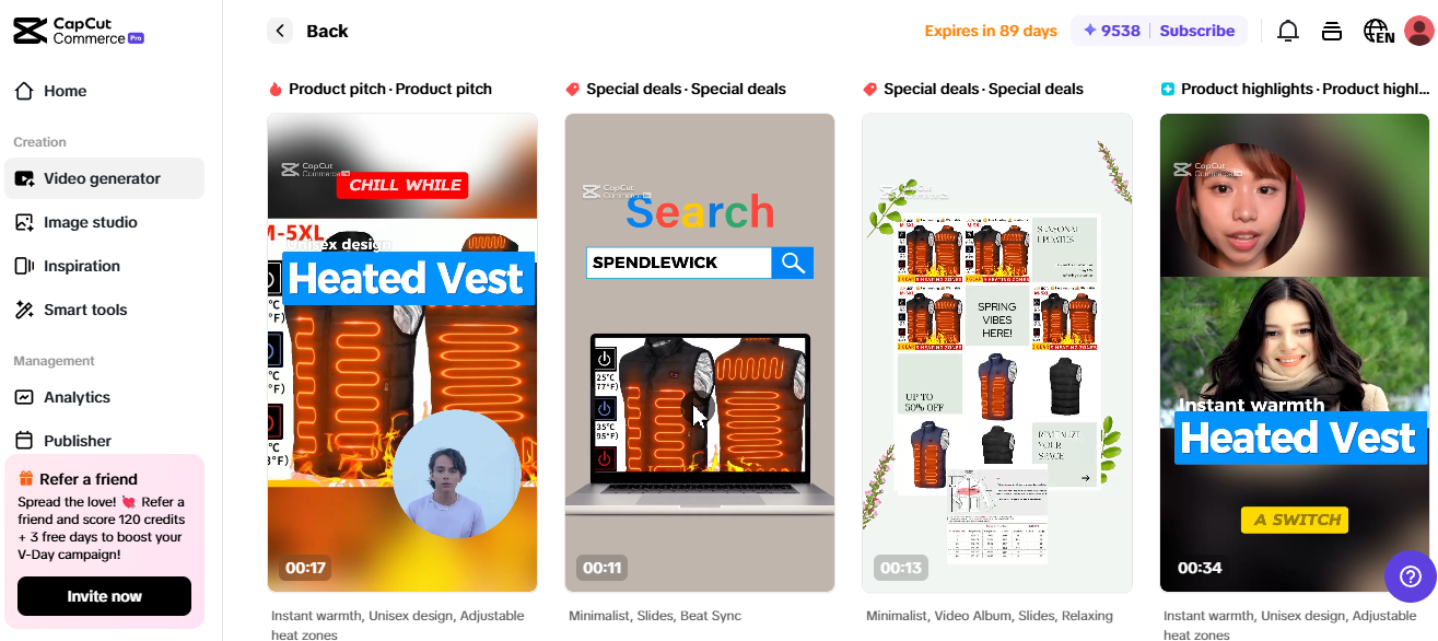 CapCut Commerce Pro app interface displaying a heated vest, showcasing content creation for trending Amazon products.